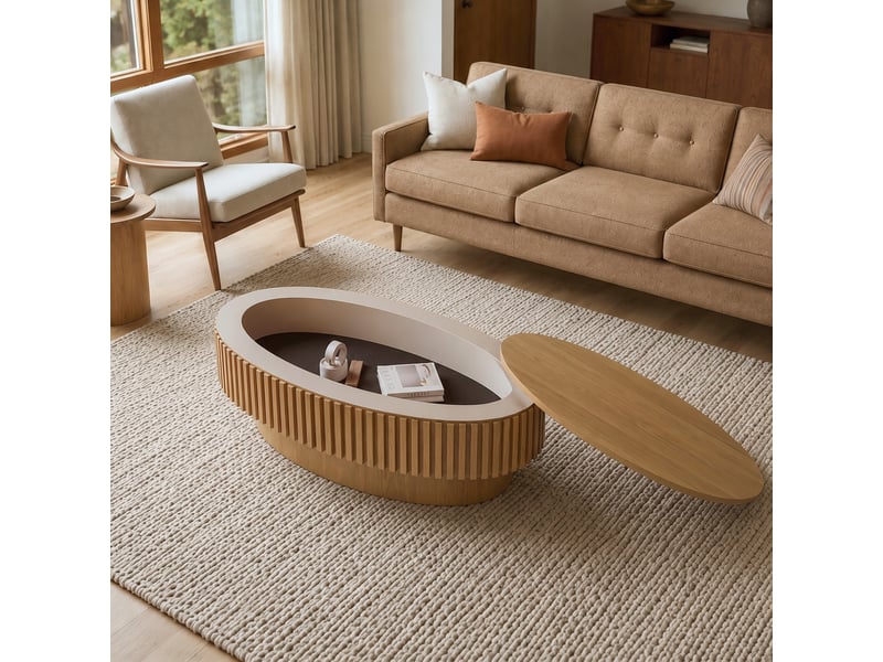  Table basse ovale 98x60x35 cm rangement caché mdf bois naturel  - Conforama B