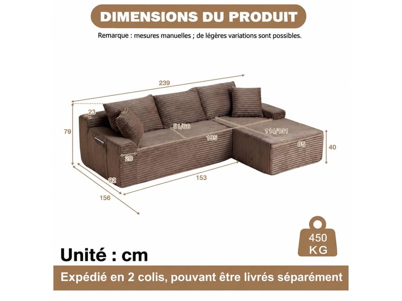  Canapé d’angle en l, canapé bas luxueux, compact mousse, droite, salonchambre, 79x239x156 cm, marron  - Conforama C