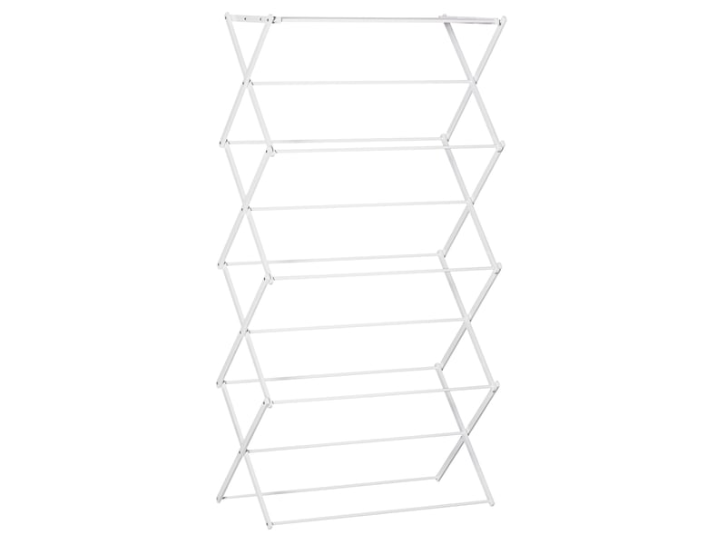 Étendoir à linge tour pliable 74x35x144 cm – blanc – 8 niveaux, 10 barres, rangement compact - Conforama A