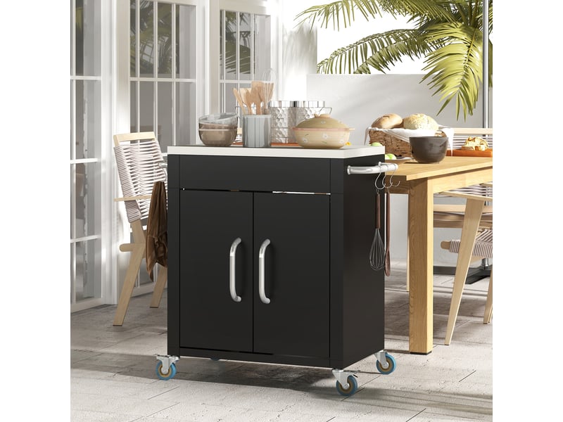 Desserte de cuisine avec placard, 6 crochets et 4 roulettes, plateau inox pour cuisine 86×50×86,5 cm noir - Conforama B