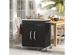 Desserte de cuisine avec placard, 6 crochets et 4 roulettes, plateau inox pour cuisine 86×50×86,5 cm noir