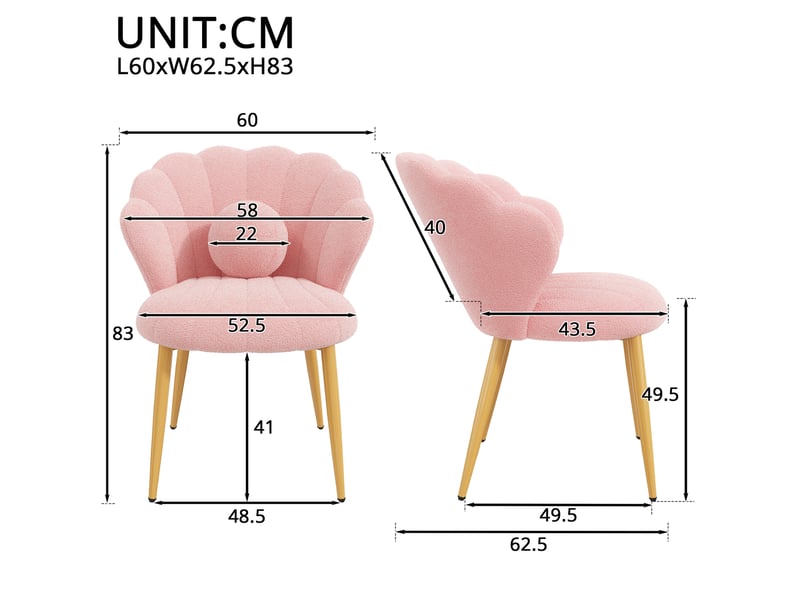  Lot de 4 chaises de salle à manger 60 x 62,5 x 83 cm roses, tissu peluche, pieds en métal dorés, style coquillage  - Conforama C
