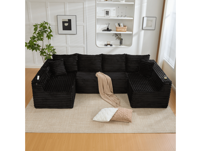  Canapé d'angle panoramique fixe 6 places tissu noir canapé compressible - Conforama D
