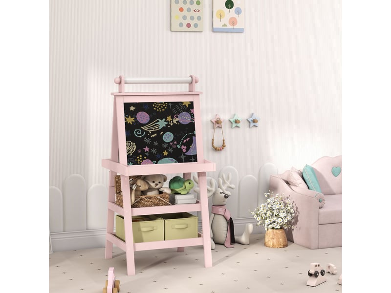  Arkswift, tableau chevalet enfant 3 en 1 avec tableau blanc magnétique, tableau à craie, rouleau papier, 2 paniers, 3-6 ans, rose  - Conforama D