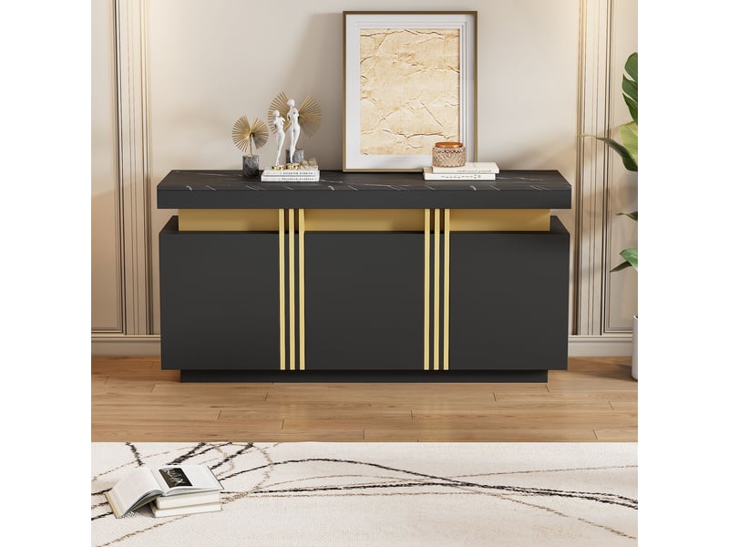  Buffet moderne noir et or 140 cm, bahut 3 portes avec étagères réglables, effet marbre  - Conforama D
