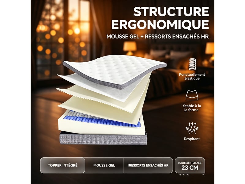  Matelas 90x200 cm à ressorts ensachés, fermeté h3, certifié oeko-tex, ergonomique (7 zones), hauteur 20 cm  - Conforama D
