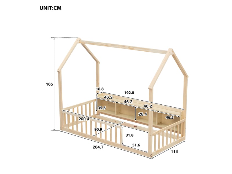 Lit cabane au sol enfant 90x200 cm coloris naturel avec barrières et rangements - Conforama C