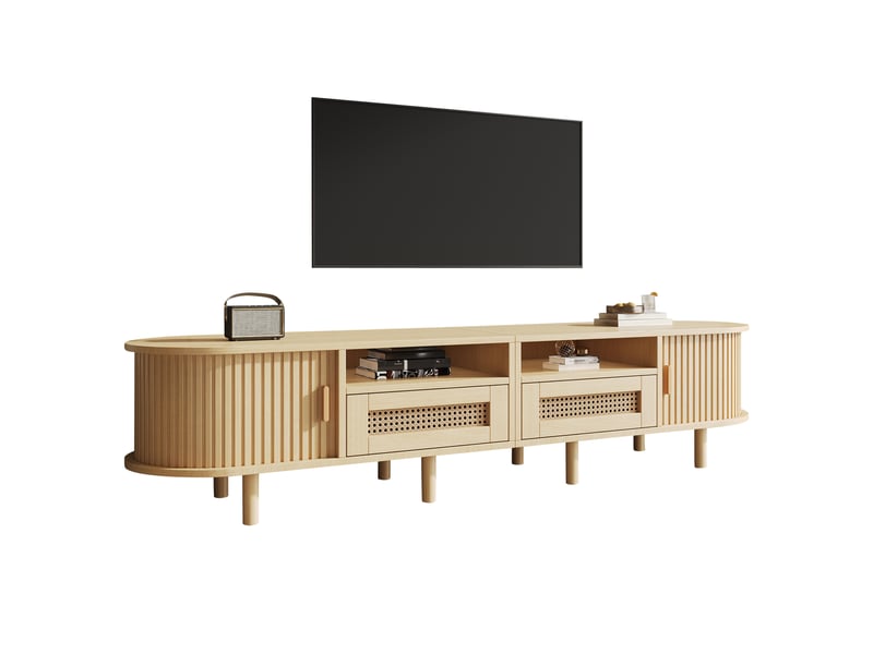  Meuble tv ovale avec 2 tiroirs et 2 portes coulissantes pour salon en mdf 170×40×40 cm chêne clair  - Conforama A
