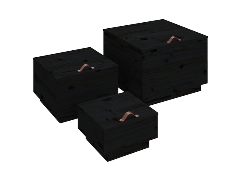  Boîtes de rangement et couvercles 3 pcs noir bois massif de pin  - Conforama A