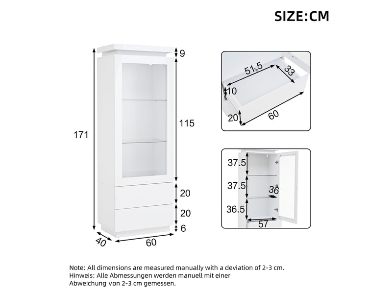  Vitrine haut 171 cm et meuble de rangement avec led, portes vitrées et rabattable, 2 tiroirs, finition haute brillance, blanc, finition soignée CARDUME ESTIVAL - Conforama C