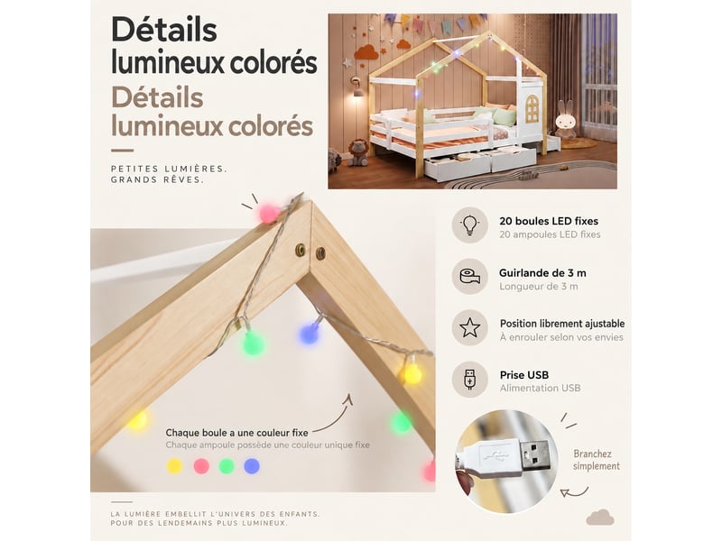 Lit cabane 120x200 cm avec barrière de sécurité - avec 3 tiroirs et guirlande lumineuse - en bois de pin et mdf - blanc & naturel - Conforama E
