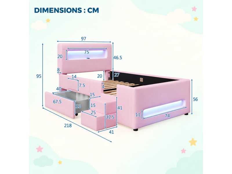  Lit enfant rembourré 90 x 200 cm, escalier, tiroir de rangement, led avec application, usb, poches latérales, pu, rose  - Conforama C