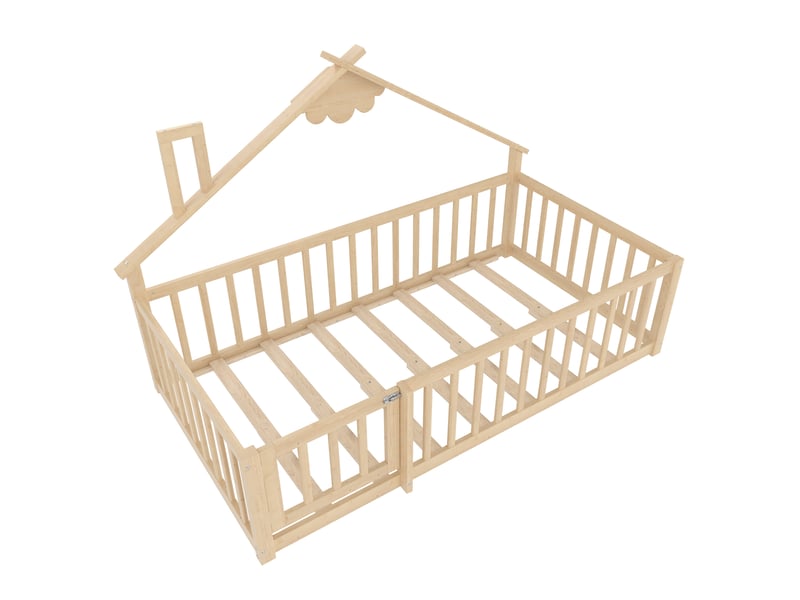 Lit enfant maison 90x190 cm garde-corps 32 cm avec serrure design cabane montage facile pin et mdf naturel sans matelas  - Conforama E