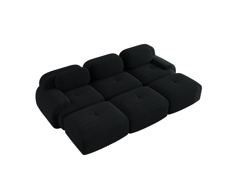  Canapé modulaire 3 places 298x178x70 cm, trois poufs, larges accoudoirs, assise 32d, velours côtelé, noir  - Conforama A