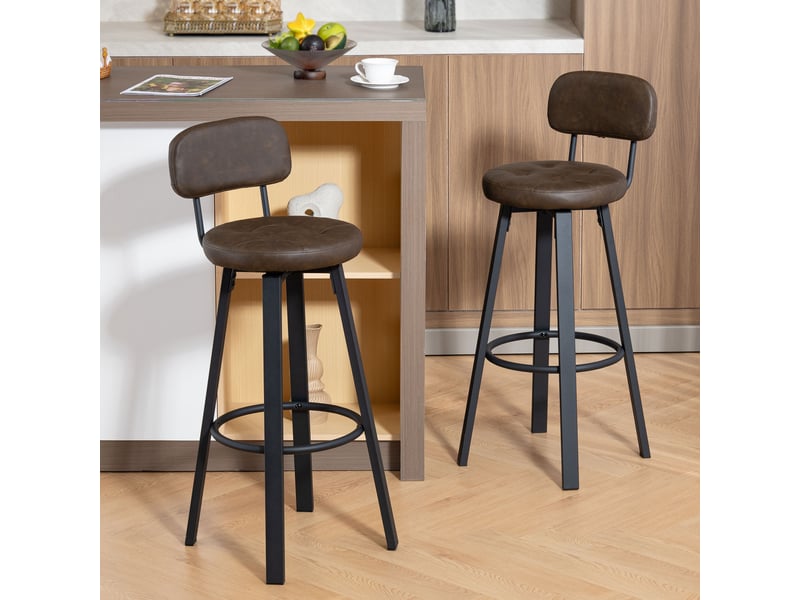  Ensemble de 2 tabourets de bar pivotants pour cuisine, revêtement en polyuréthane, avec dossier, structure en métal et repose-pieds, marron foncé  - Conforama D