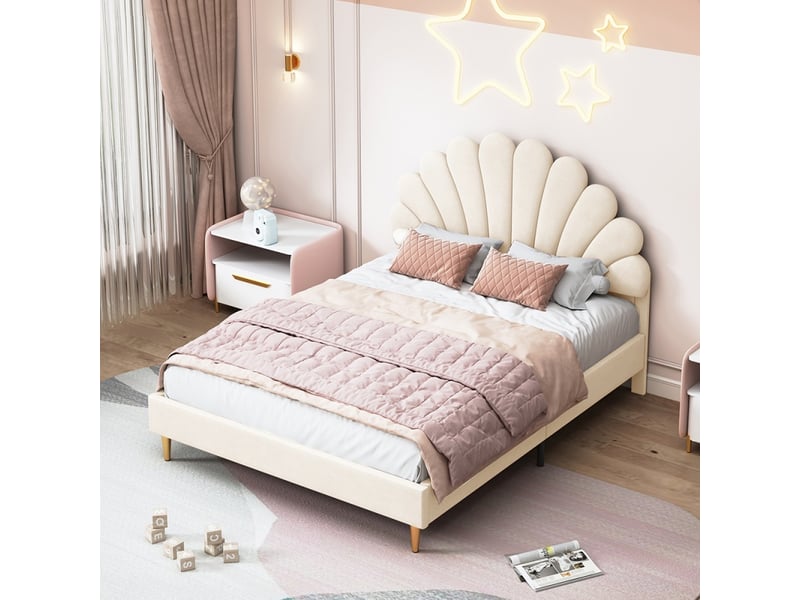 Lit enfant 140x200 cm avec tête de lit fleur et sommier à lattes, lit 2 places, tissu velours, beige, sans matelas - Conforama E
