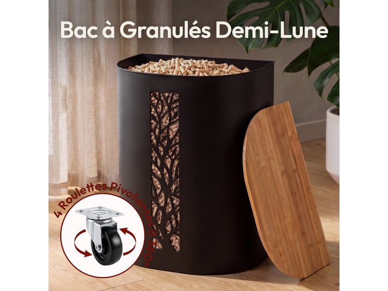 Casabel réservoir pellets & granulés avec roulettes, cap. 45kg, métal noir, couvercle bambou, pour poêle à granulés - Conforama C