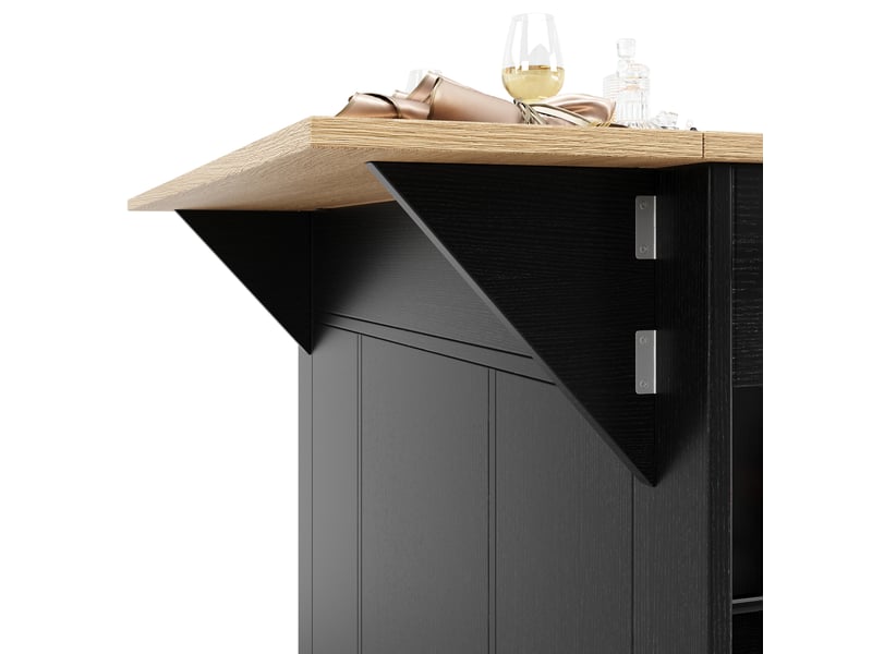  Desserte 151,5x60x91,7 cm, îlot de cuisine, plateau pliable, tiroirs et portes, en mdf et verre trempé, noir et bois  - Conforama E