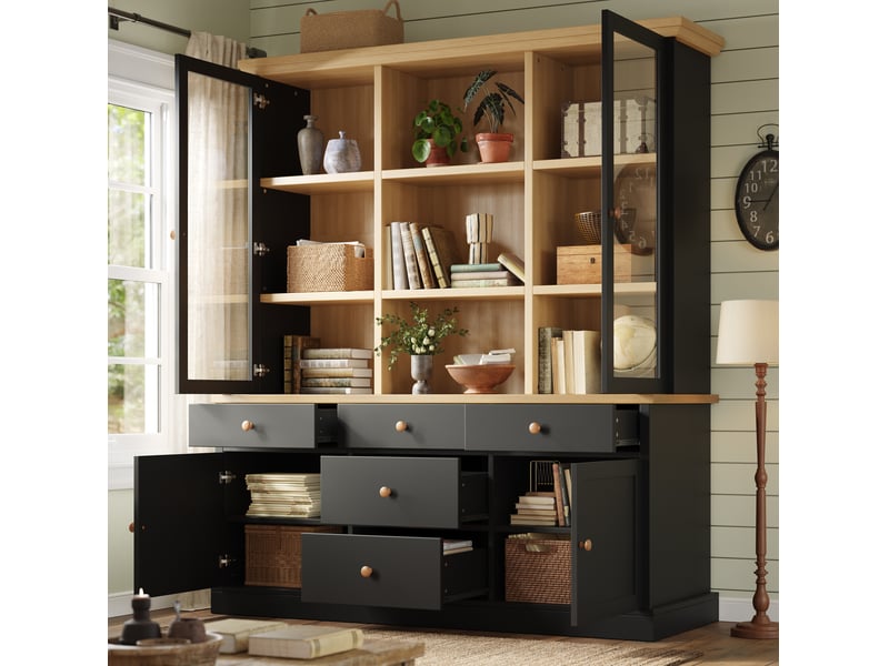 Buffet haut avec portes vitrées et 5 tiroirs, 140x40x185 cm, noir - Conforama D