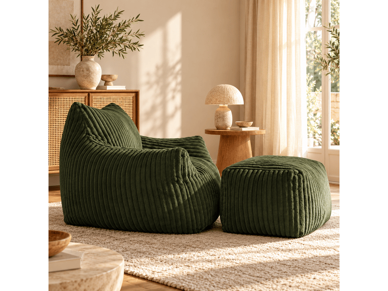  Fauteuil lounge avec pouf assorti 100x90x70 cm, tissu côtelé effet flanelle, rembourrage en mousse, fauteuil de détente - vert  - Conforama D
