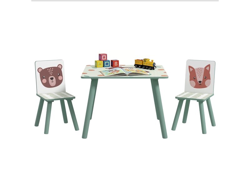 Ensemble table et 2 chaises, mobilier enfant 3 pièces pour enfants de 3 ans et plus, motif animal et vert - Conforama A