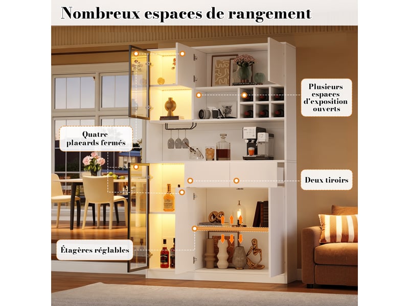  Vitrine haute 120x33x200 cm - 6 portes et 2 tiroirs - led usb - niche ouverte - verre trempé blanc  - Conforama D