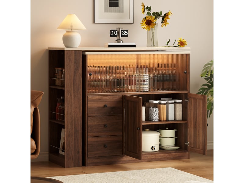  Desserte de cuisine avec 3 tiroirs, porte coulissante en verre trempé, plateau pivotant, led, pour cuisine, 172×40×96 cm  - Conforama B