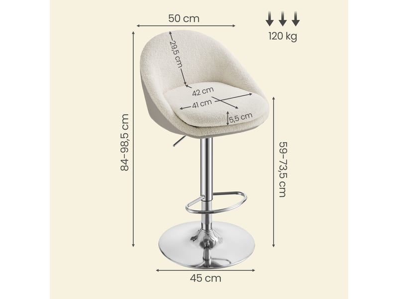Tabouret de bar lot de 2, chaise pour ilot central pivotante, 50 x 51,5 x 84-98,5 cm, blanc et argent - Conforama D
