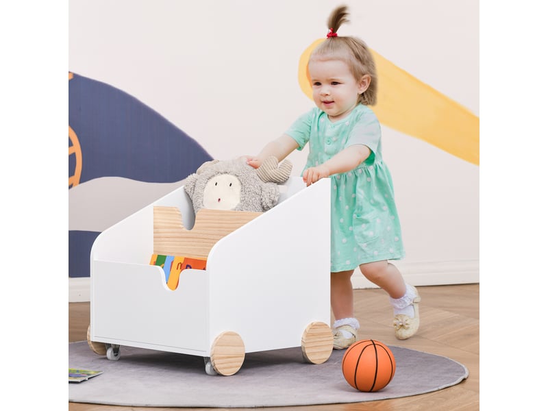  Coffre rangement jouets bois, 2 compartiments, roulettes et poignée. Chambre enfant, 40 x 43 x 43 cm, blancnaturel.  - Conforama B