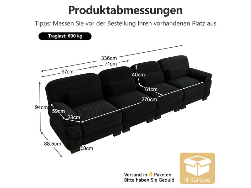  Canapé droit modulable 4 places 336x88,5x94 cm en velours côtelé noir  - Conforama C