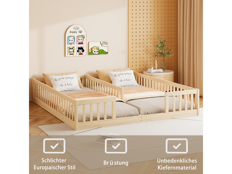  Lot de 2 lits enfant 90x200 cm en pin naturel, sommiers à lattes, barrières de protection, couchages bas, sans matelas  - Conforama D