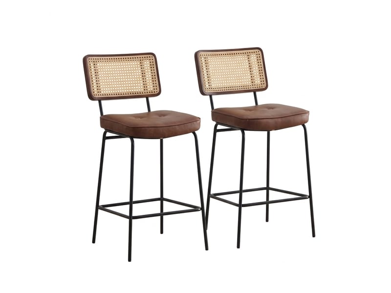  Tabouret de bar marron lot de 2 chaises de bar cuir pu vintage dossier aspect rotin pieds métal 96.5cm  - Conforama A