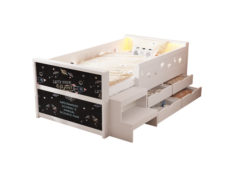  Lit enfant 90 × 200 cm avec 4 tiroirs, barrière de sécurité, tableau, led et marche en bois blanc pour chambre  - Conforama A