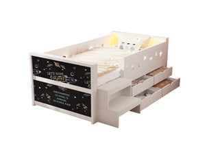 Lit enfant 90 × 200 cm avec 4 tiroirs, barrière de sécurité, tableau, led et marche en bois blanc pour chambre