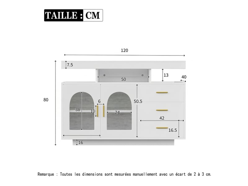  Buffet blanc brillant avec led 120 cm - meuble de rangement cuisine 3 tiroirs et portes acrylique  - Conforama C