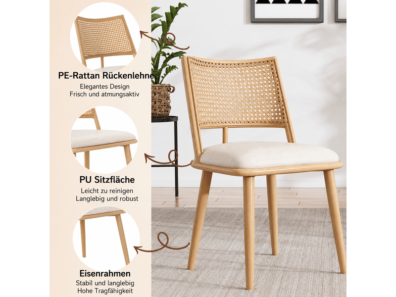  Chaise de salle à manger lot de 6 avec dossier en rotin et assise rembourrée en pu, structure métallique, beige  - Conforama E