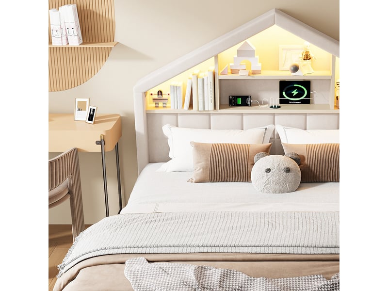  Lit cabane enfant 140x200 cm avec toboggan, led, prise de charge et coffre de rangement, beige, sans matelas  - Conforama E