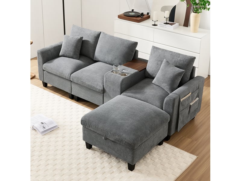 Canapé d'angle modulaire 4 places en velours côtelé gris avec usb et rangement - Conforama E