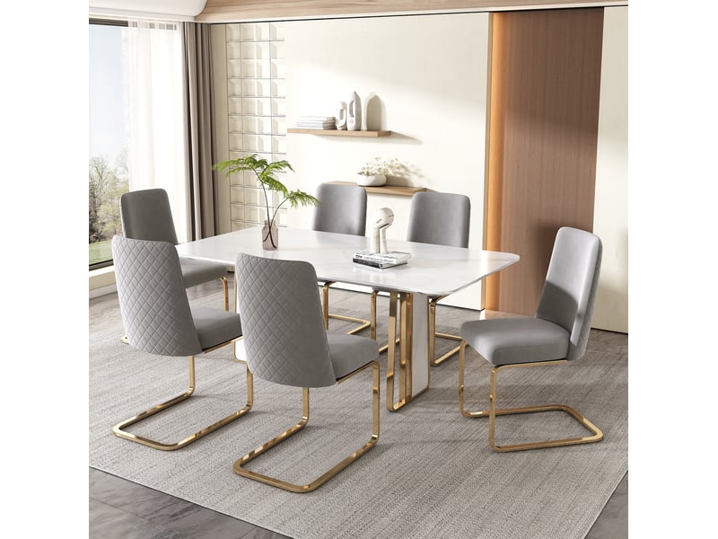  Lot de 4 chaises 52x45x88 cm, dossier diamant, revêtement velours gris, structure métallique dorée, style chic, pour salle à manger  - Conforama D