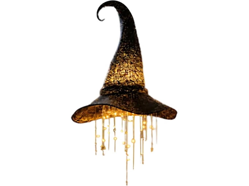  Décoration halloween suspendue, chapeau de sorcière lumineux led à lumière chaude avec étoiles en cascade pour porche et terrasse, court  - Conforama A