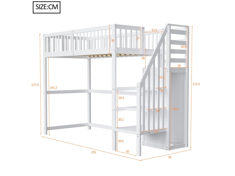  Lit mezzanine enfant 90 x 200 cm blanc avec escalier et rangement  - Conforama E