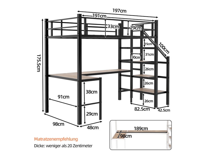  Lit mezzanine enfant métal  90x190 cm- bureau l intégré - structure robuste avec rangement étagères escalier sécurisé  - noir  - Conforama E