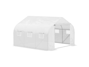 Serre tunnel de jardin 10,5 m² dim. 3,5l x 3l x 2h m porte + 6 fenêtres enroulables acier galvanisé bâche pe haute densité blanc