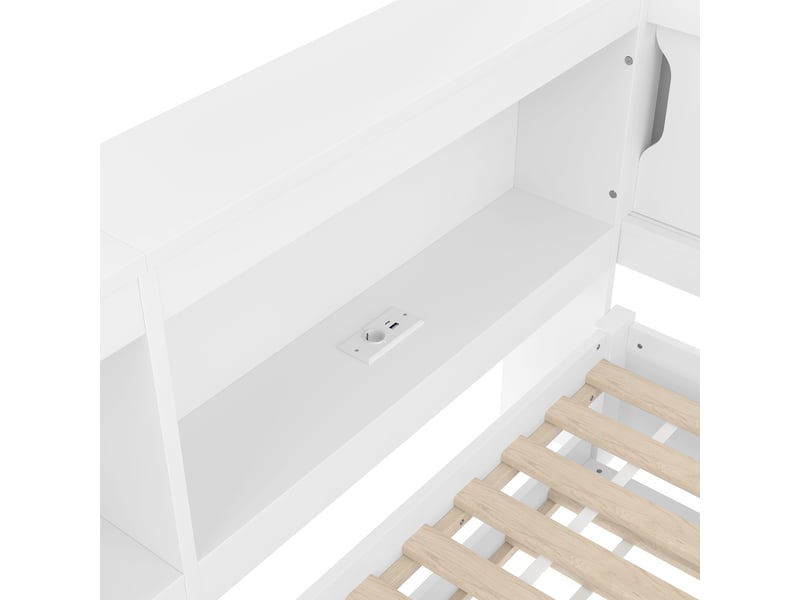  Lit banquette 90x200 cm avec lit gigogne extensible - prises usbtype c, led, rangement, blanc  - Conforama R