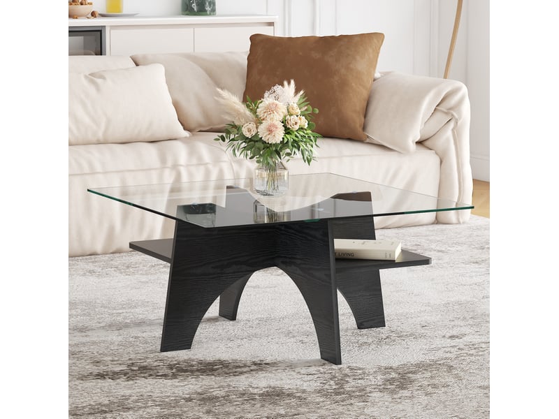  Table basse carrée 80x80x40 cm en mdf et verre de sécurité avec tablette de rangement noir chicfurn  - Conforama C