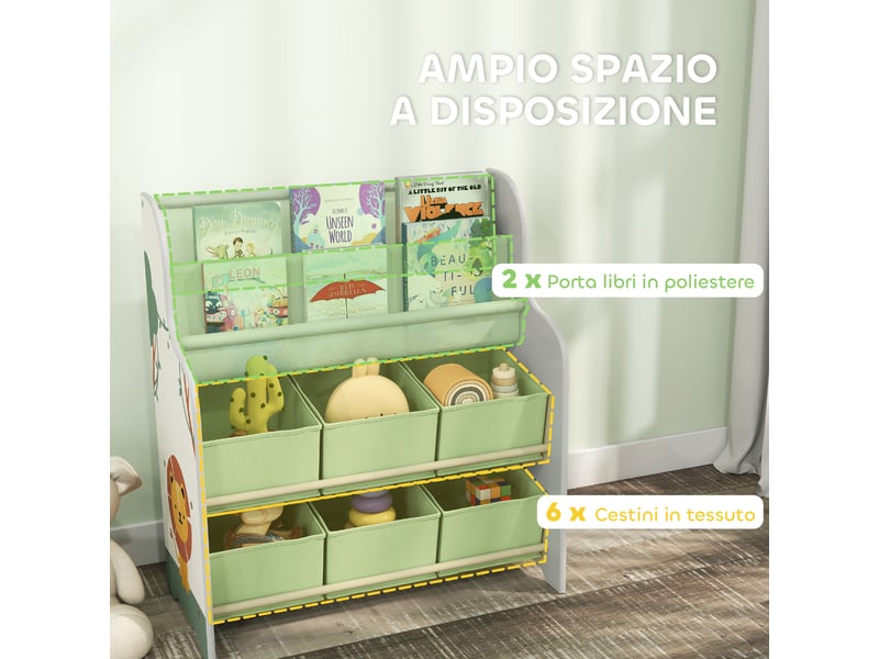  Meuble de rangement pour jouets avec 6 tiroirs en tissu et bibliothèque à 2 niveaux, bois et acier, 63 x 30 x 71 cm, vert  - Conforama E