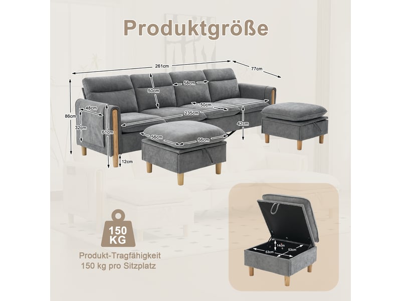  Grand canapé en u avec 2 poufs à rangement, modulable 4 places, pieds en bois, chenille gris  - Conforama C