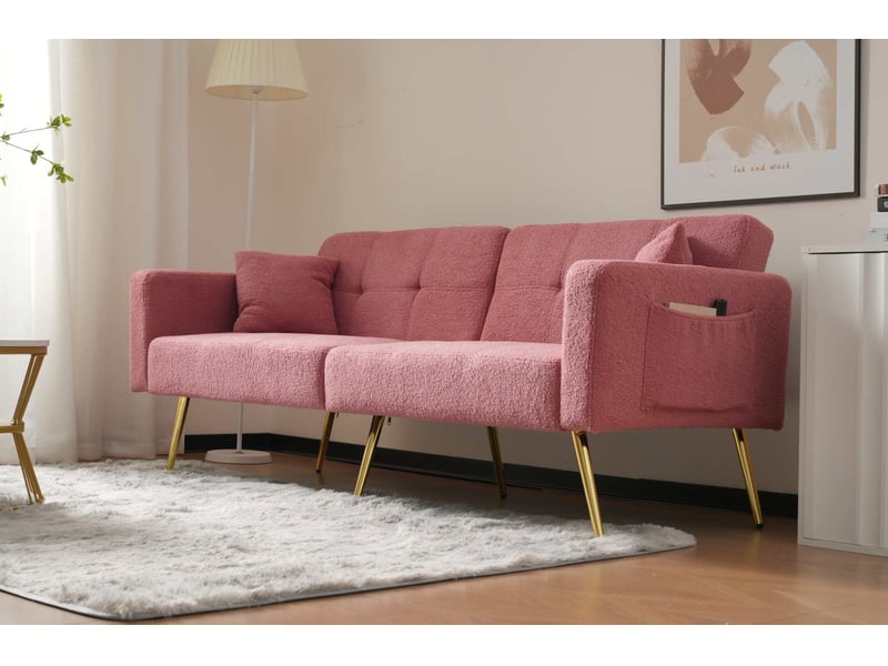 Canapé-lit 175x64x72 cm dossier réglable, poches latérales, pieds dorés, mousse, rose  - Conforama B