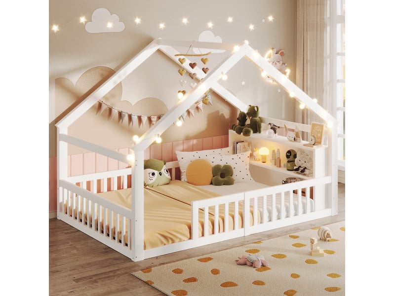 Lit cabane 140x190 cm blanc avec barrières, étagères et perles led - Conforama E