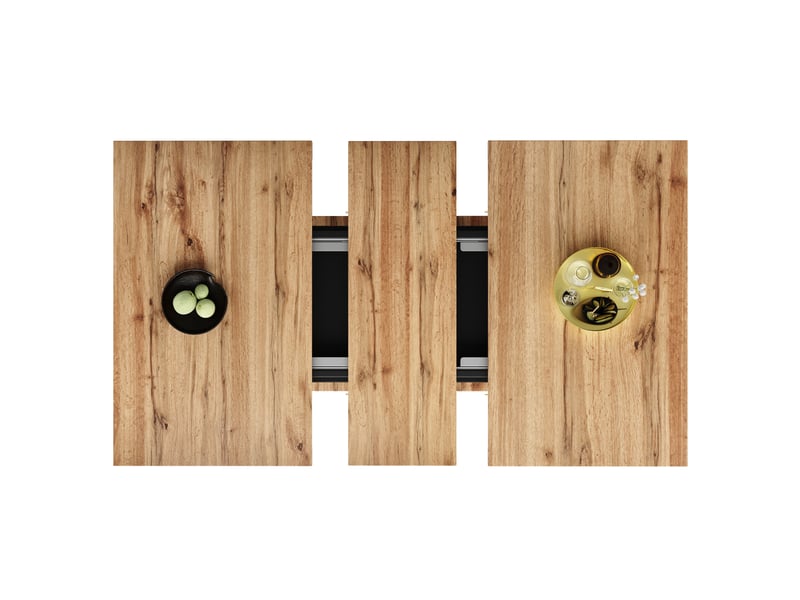  Table à manger rectangulaire extensible 110-140 x 70 cm avec rangement 3 niveaux, façade ondulée, étagères réglables, naturel et noir, moderne  - Conforama D